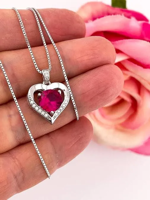 Heart Ruby Diamond Necklace, Heart Shaped Ruby, 18K White Gold, Silver Ruby, Valentine's Day, Mother's Day, May Birthday gift for women.