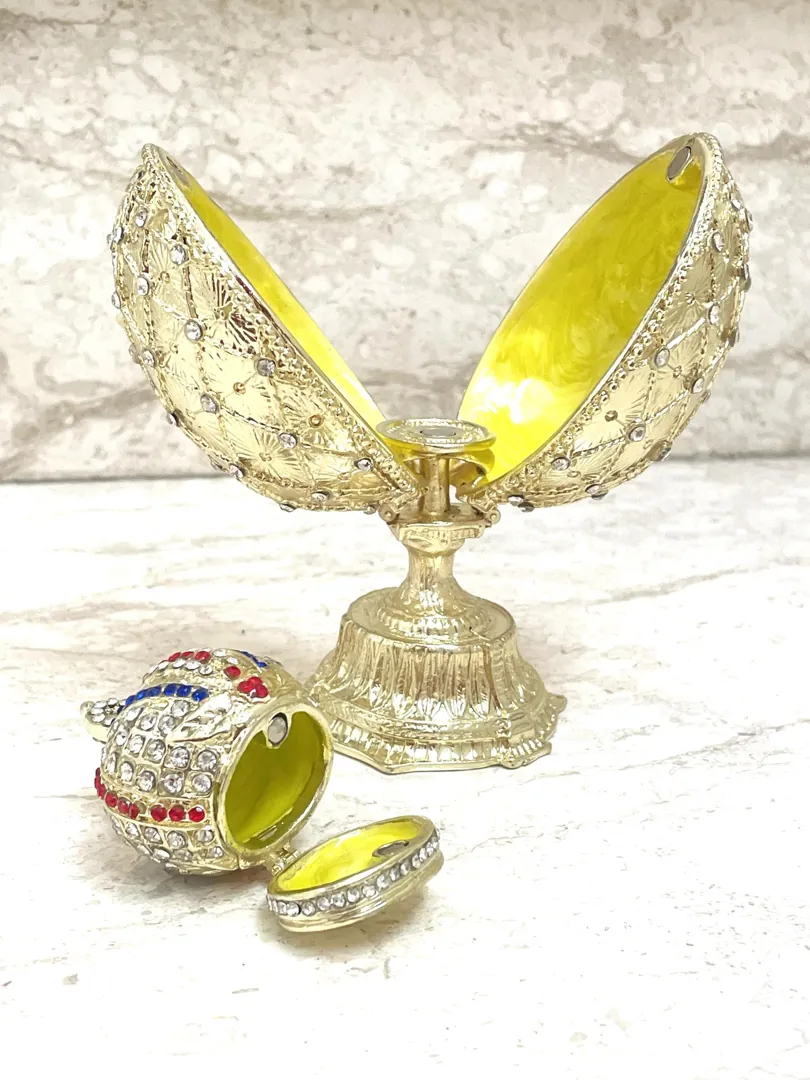 Designer Faberge Style Egg Gift for Him Pure Gold Faberge Egg Decorative Boxes Fabergé Egg Swarovski Handmade