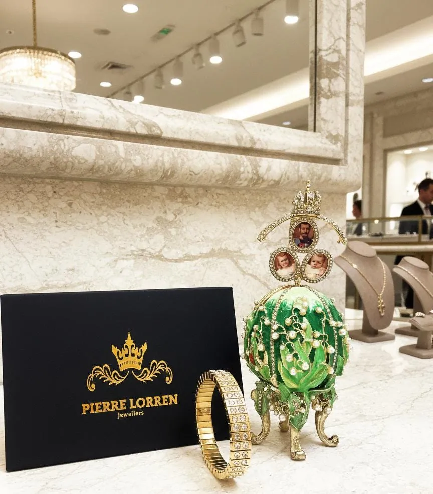 Green Pure Gold Faberge Egg Style Photo Frame Faberge Easter Eggs Austrian Crystals Handmade Fabergé by Pierre Lorren.