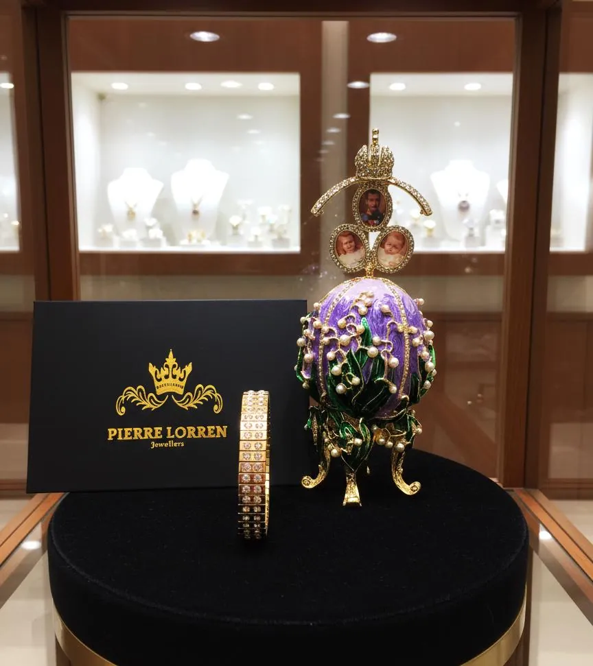 Amethyst Pure Gold Faberge Egg Style Photo Frame Faberge Easter Eggs Austrian Crystals Handmade Fabergé by Pierre Lorren
