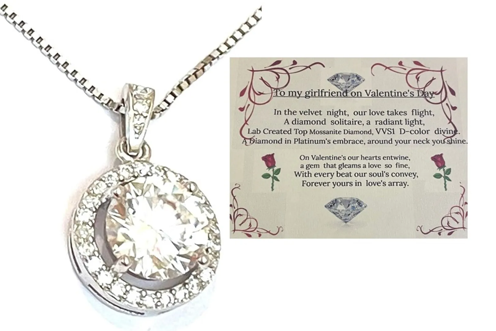 2.2 Carat Solitaire Necklace Girlfriend Gift Valentine's Day Prong Diamond Solitaire Pendant Solid Sterling Silver 18kt White Gold 16