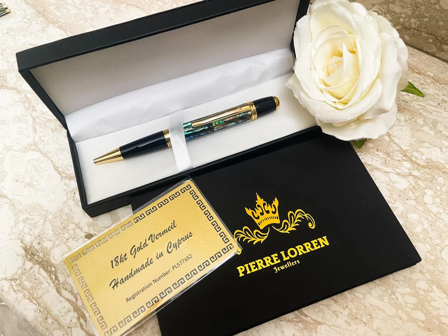 Handmade Greek Luxury Pen – Natural Opal Inlay Pens – Executive Pen - 18K Gold Vermeil Hand Engraved Zig-Zag Pattern – Made in Greece Gifts