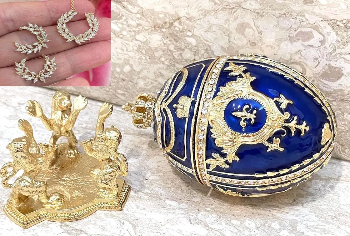 Blue Faberge Egg Faberge Style Egg Home Decor Handmade Luxury Wedding Gift for Christmas Gift for Newlyweds New Year Wreath Jewelry Set