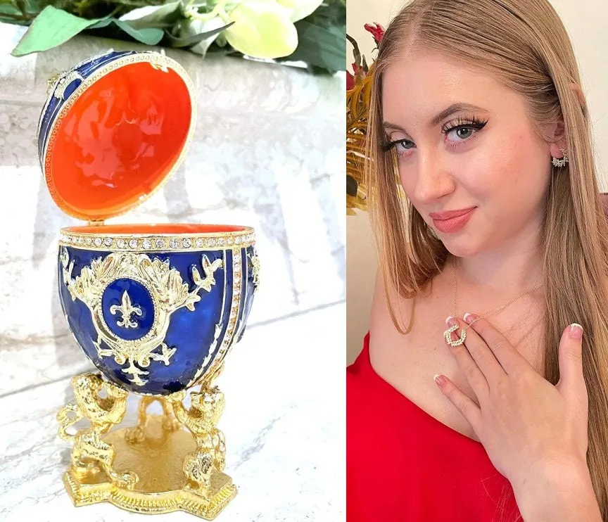 Blue Faberge Egg Faberge Style Egg Home Decor Handmade Luxury Wedding Gift for Christmas Gift for Newlyweds New Year Wreath Jewelry Set