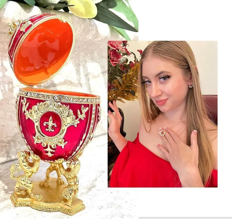 Faberge Christmas New Year's Wreath Jewelry + Faberge Style Egg Handmade Pure Gold Decor Swarovski Faberge Set Luck Joy Love Happiness Gift