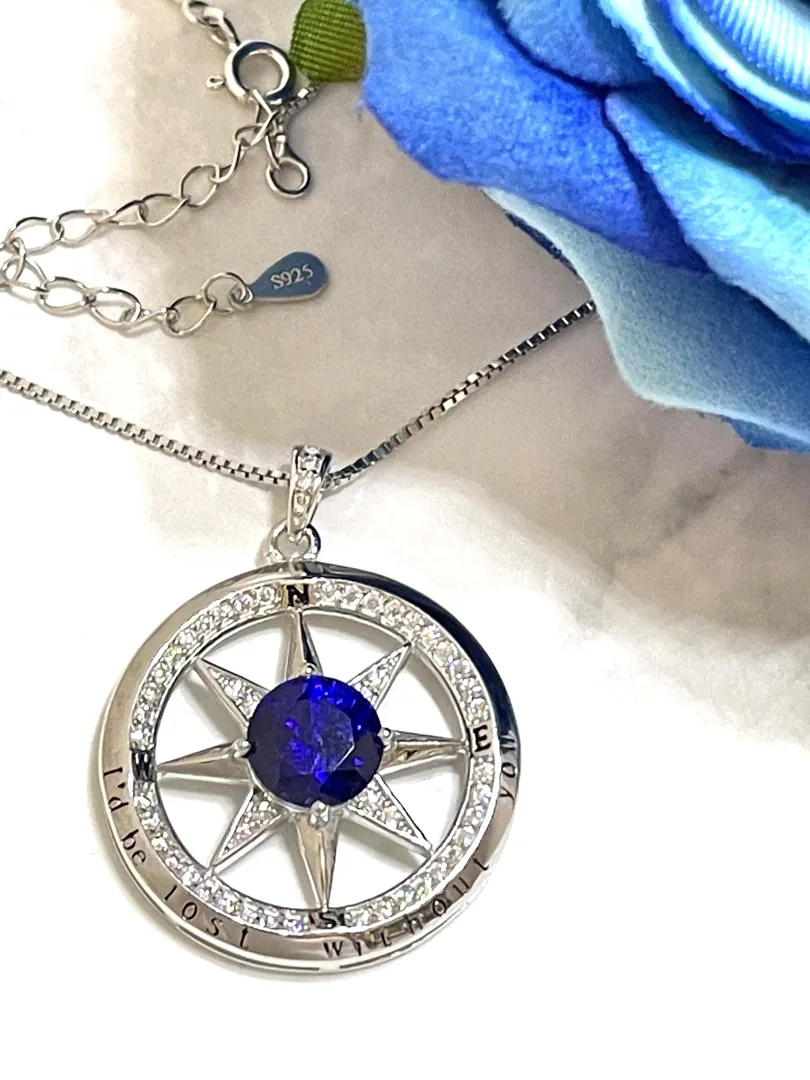 3.5 carat Natural Sapphire Compass Necklace Sapphire Pendant Diamond Jewelry Compass Pendant White Gold Silver 925 Anniversary Handmade