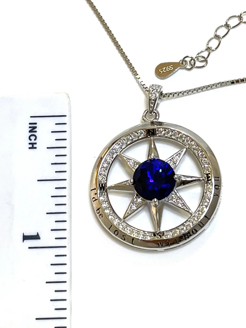 3.5 carat Natural Sapphire Compass Necklace Sapphire Pendant Diamond Jewelry Compass Pendant White Gold Silver 925 Anniversary Handmade