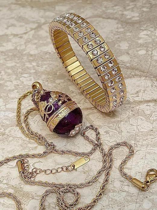 Purple Faberge Egg Pendant Necklace Bracelet Set - Fabergé Handmade Greek Jewelry, Faberge Easter Gift Swarovski Pure Gold by Pierre Lorren
