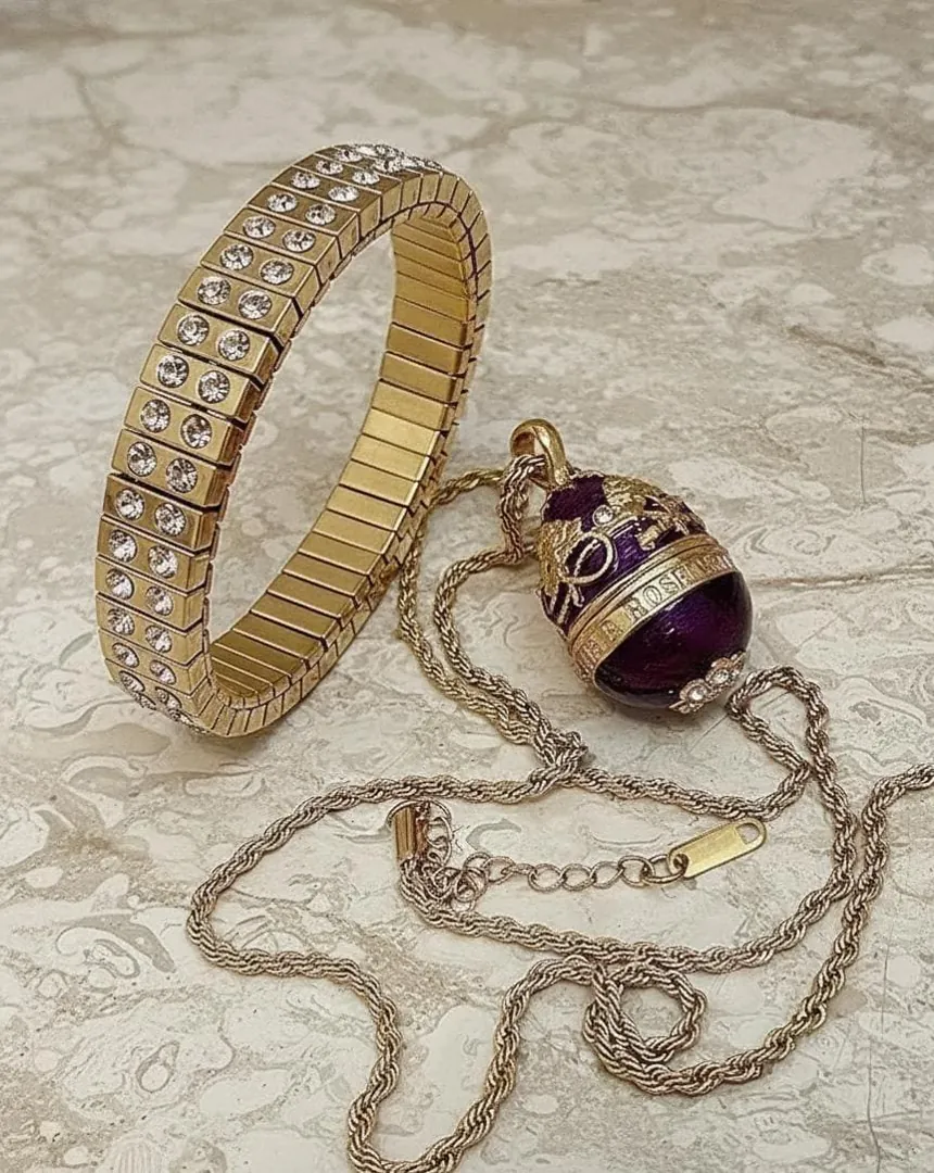 Pierre Lorren Amethyst Faberge Egg Pendant Bracelet Set - Faberge Style Egg - Wedding Jewelry Gift - Fabergé Eggs Handmade 24K Gold Swarovski