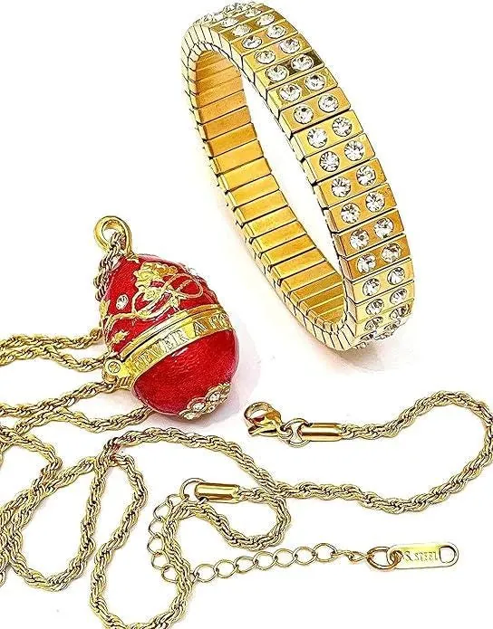 Faberge Egg Pendant Necklace Bracelet SET - Fabergé egg Handmade Greek Jewelry, Faberge Easter Gift - Swarovski Pure Gold - by Pierre Lorren