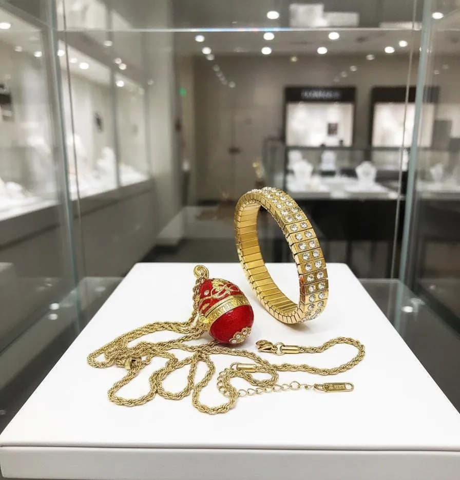 Pierre Lorren Red Faberge Egg Necklace Pendant Bracelet - Faberge Style Egg - Wedding Jewelry Gift Fabergé Eggs Handmade 24k Gold Swarovski