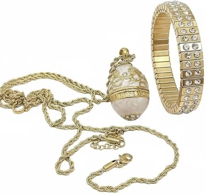 Pierre Lorren Faberge Egg Necklace Pendant Bracelet - Faberge Style Egg - Bridal Shower Gift - Fabergé Easter Egg Handmade 24k Gold Swarovski