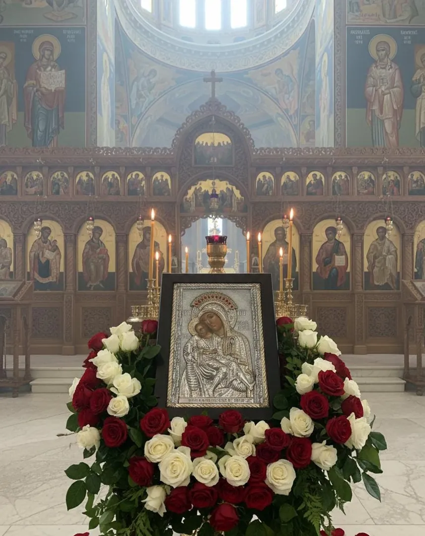 Mother and Child ICON ORTHODOX Our Lady Of Kykkos Solid Silver 925 Handmade Masterpiece 12 Rubies 24kt GOLD Set Holy Crown Handmade