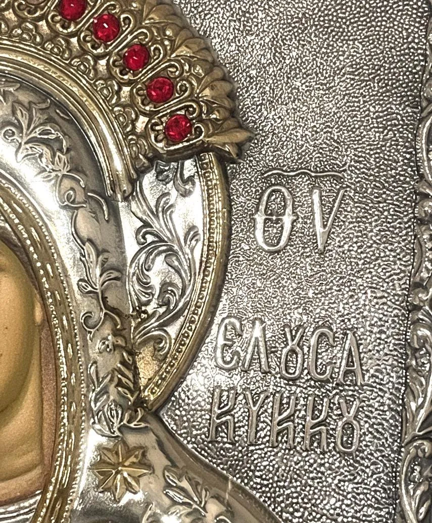 Mother and Child ICON ORTHODOX Our Lady Of Kykkos Solid Silver 925 Handmade Masterpiece 12 Rubies 24kt GOLD Set Holy Crown Handmade