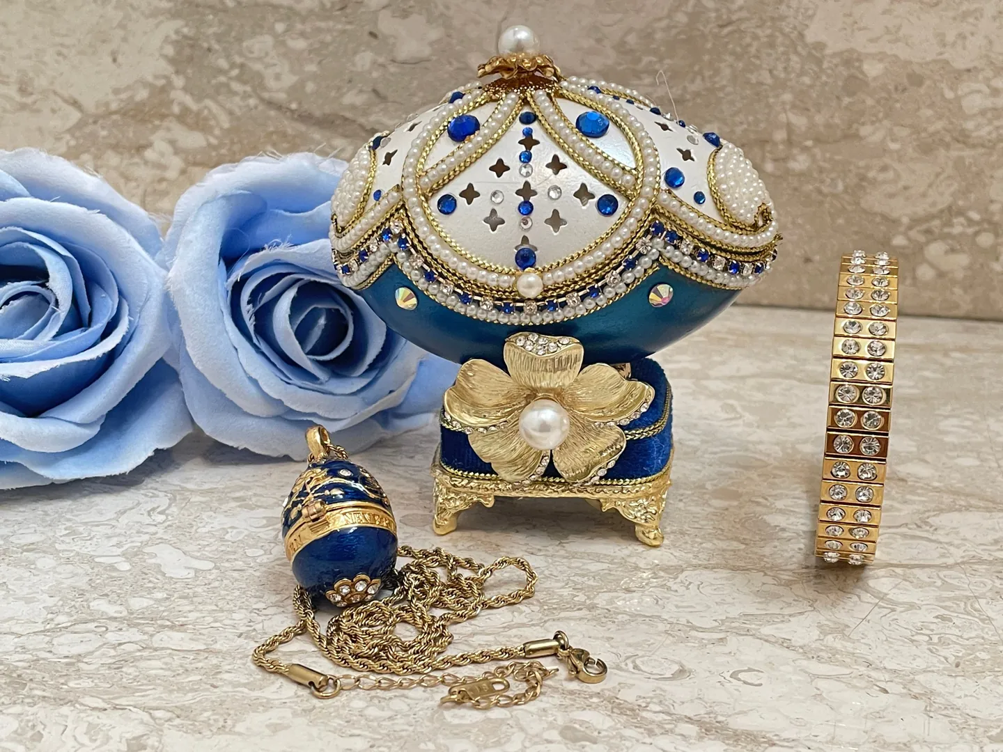 1993 Luxury Jewelry Box Faberge Egg Jewelry Set - Faberge Egg Something Blue Something New Hand-Carved Natural Egg 24k Gold Austrian Crystal