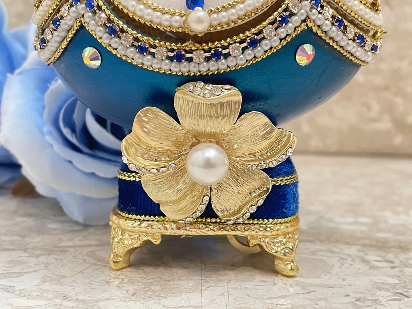 1993 Luxury Jewelry Box Faberge Egg Jewelry Set - Faberge Egg Something Blue Something New Hand-Carved Natural Egg 24k Gold Austrian Crystal