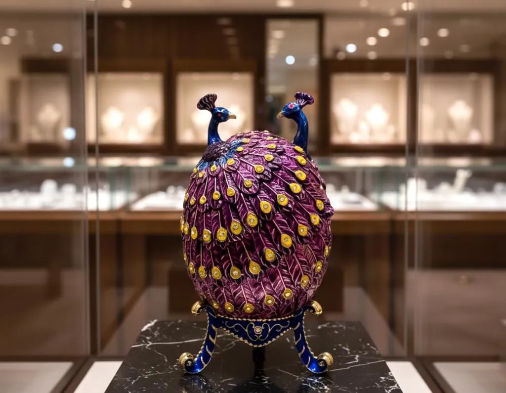Purple Peacock Fabergé Egg • Swarovski • 24K Gold • Handmade Pierre Lorren