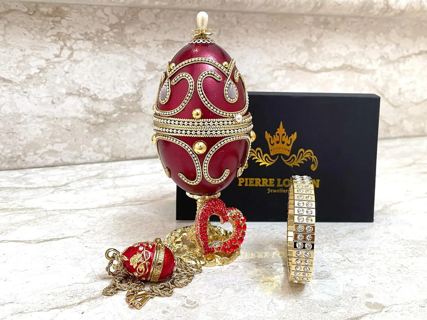 Ruby Heart Fabergé Egg Style Natural Goose Egg Music Box 24K Gold, 198 Rubies, Vintage Collectible HANDMADE by Pierre Lorren.