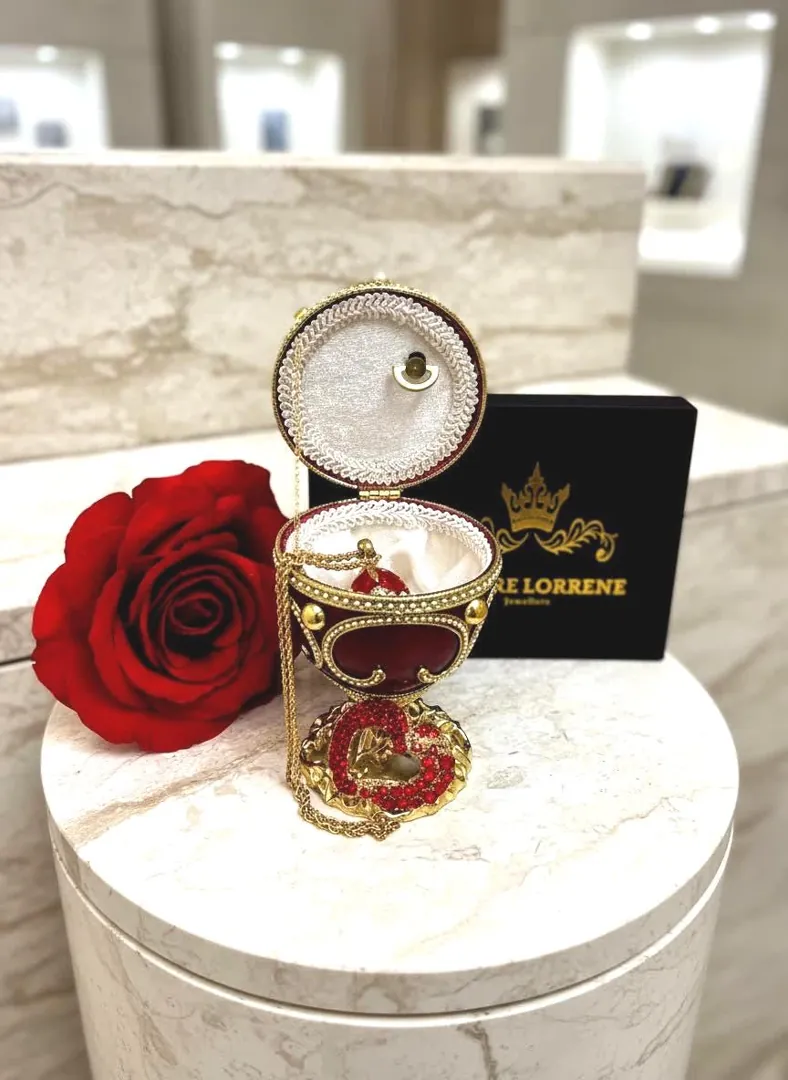 Ruby Heart Fabergé Egg Style Natural Goose Egg Music Box 24K Gold, 198 Rubies, Vintage Collectible HANDMADE by Pierre Lorren.