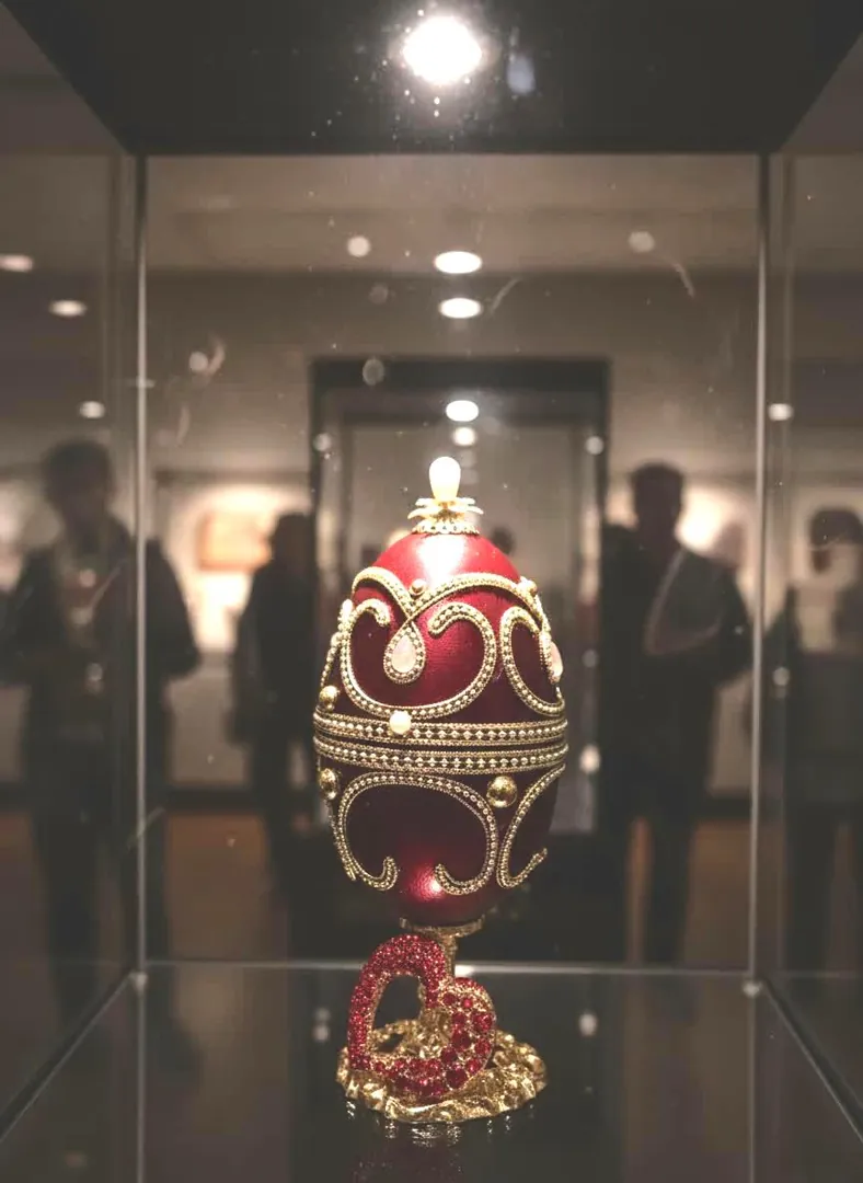 Ruby Heart Fabergé Egg Style Natural Goose Egg Music Box 24K Gold, 198 Rubies, Vintage Collectible HANDMADE by Pierre Lorren.
