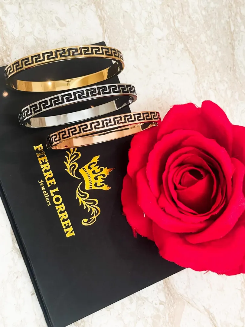 Greek Key Bracelet Set x3: 18k Gold Vermeil, Infinity Bangle, Meander Jewelry Handmade