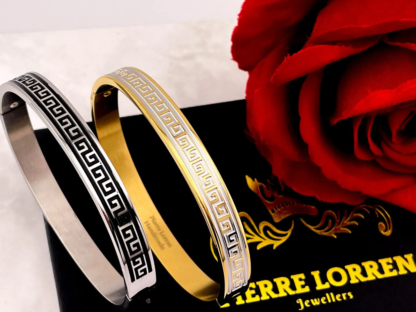 18kt Greek Key Meander Jewelry Silver Meander Bracelets 18k Gold Vermeil HANDMADE Bangle Symbolic Gift for Success & Eternity Pierre Lorren
