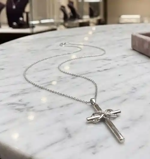 18k White Gold VErmeil Silver Diamond Infinity Cross