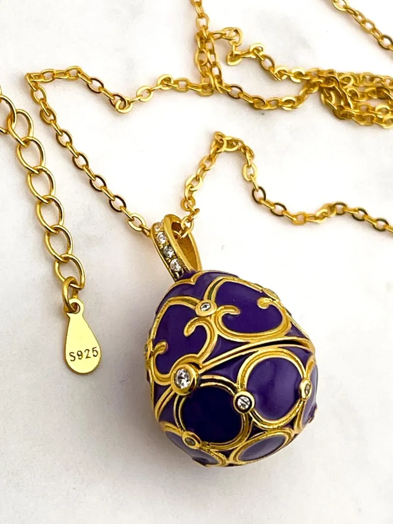 XL Handmade Faberge Egg Style Trinket Box & Fabergé Egg Necklace 18k Gold Vermeil, Amethyst Pomegranate Easter Abundance Gift Mother's Day 7