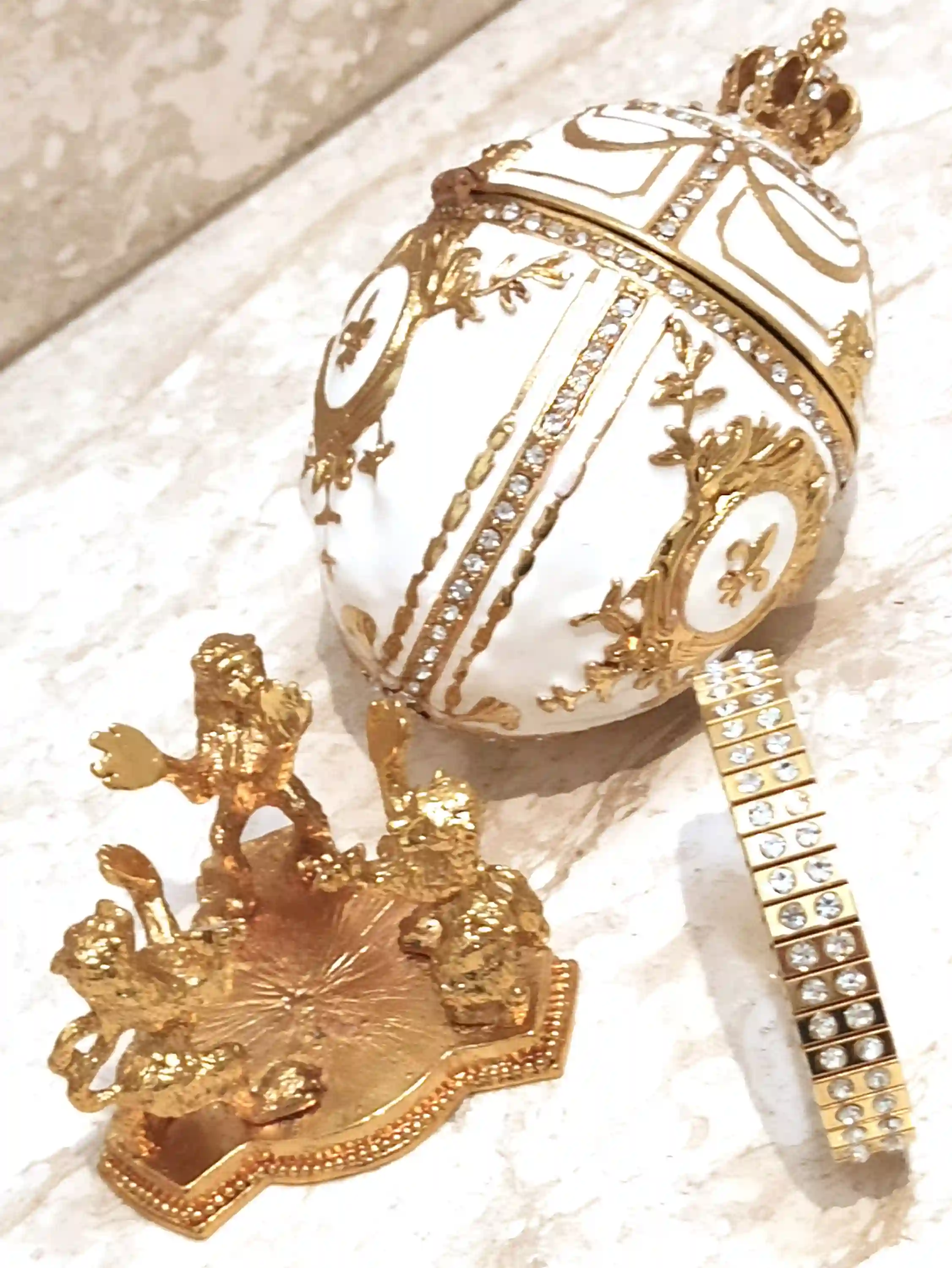 IMPERIAL White Faberge Egg style 24K Lion 4ct Faberge Trinket box 200 SWAROVSKI Diam & Bracelet 2ct/Faberge Egg Ornament Faberge Jewelry Box 