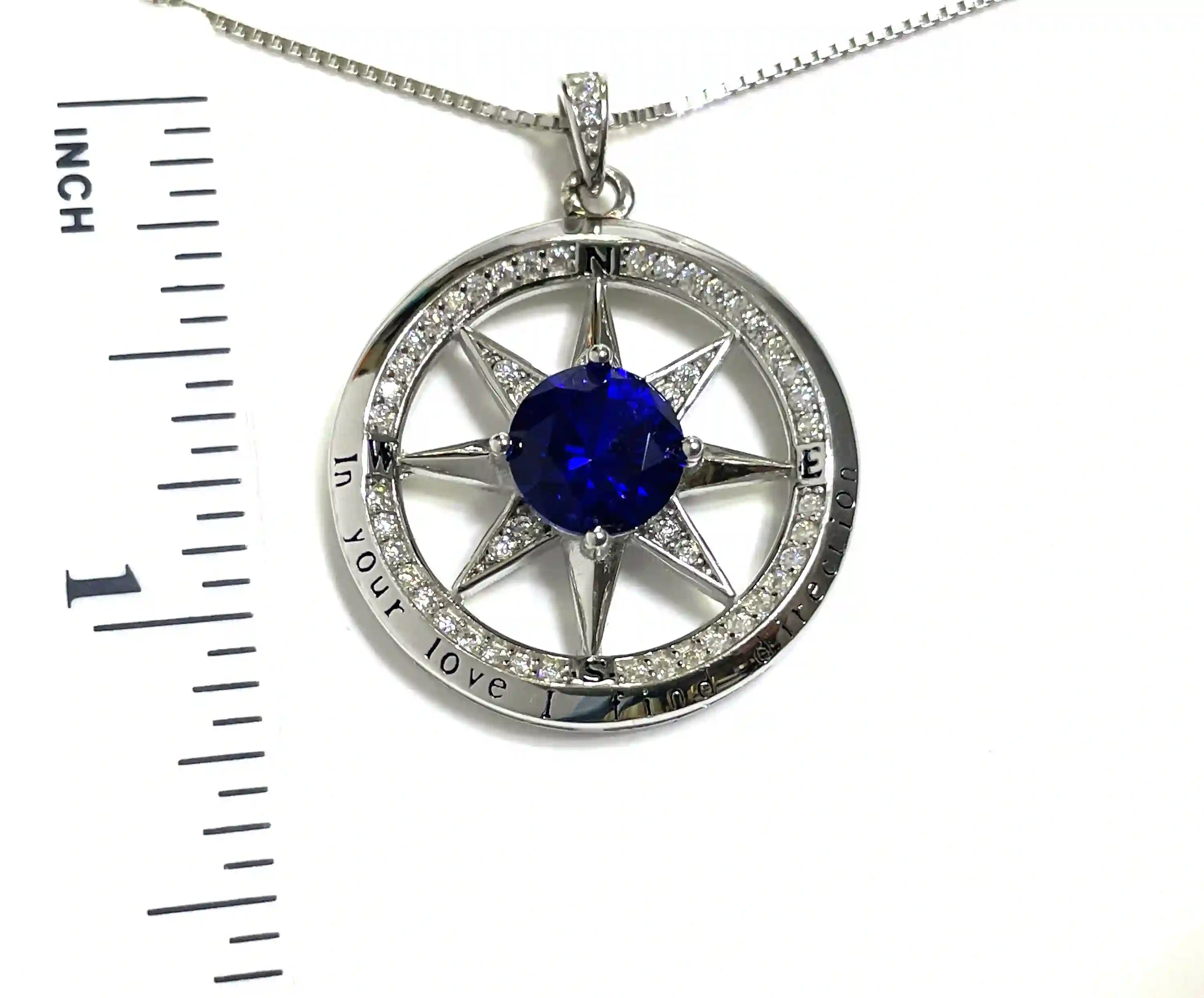 2 ct Natural Sapphire Pendant Diamond Compass Jewelry Sterling White Gold Compass September Birthday 45th Anniversary Gift for her 3.5ctw 