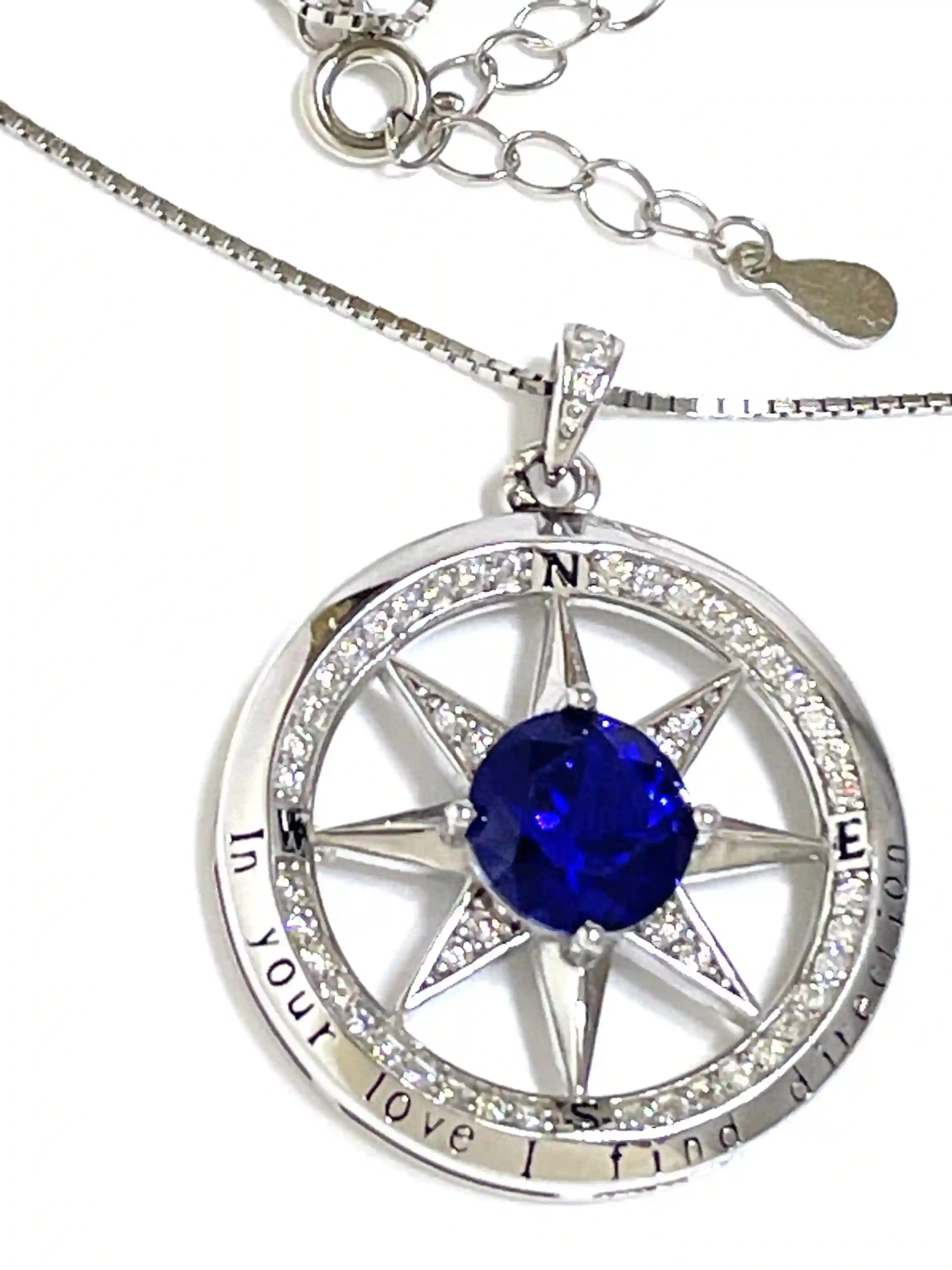 2 ct Natural Sapphire Pendant Diamond Compass Jewelry Sterling White Gold Compass September Birthday 45th Anniversary Gift for her 3.5ctw 