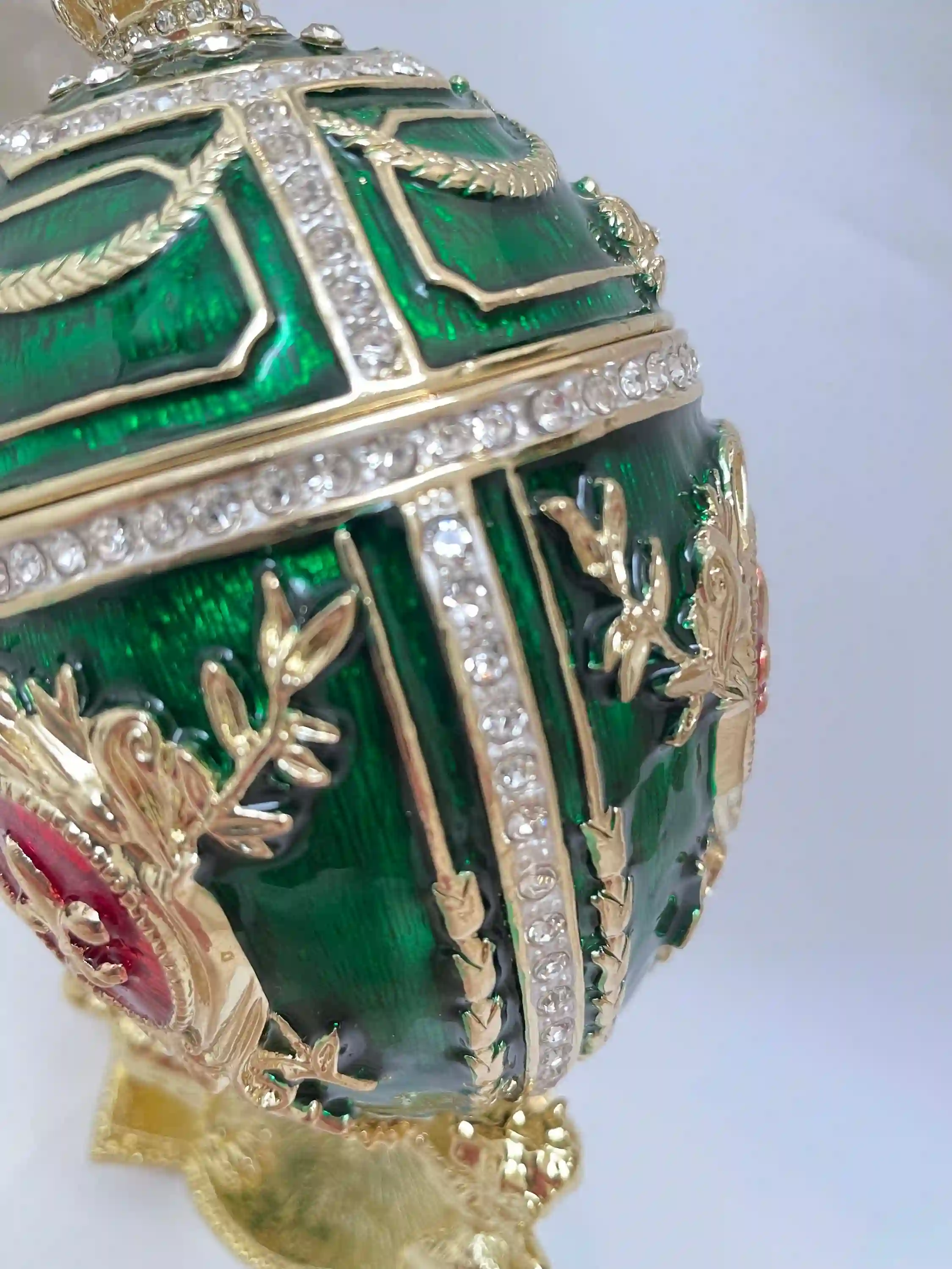 Emerald Faberge egg Ornament Faberge style Easter egg Home decor gift for her 24k GOLD 300 SWAROVSK HANDSET Bday Faberge Unique Jewelry box 