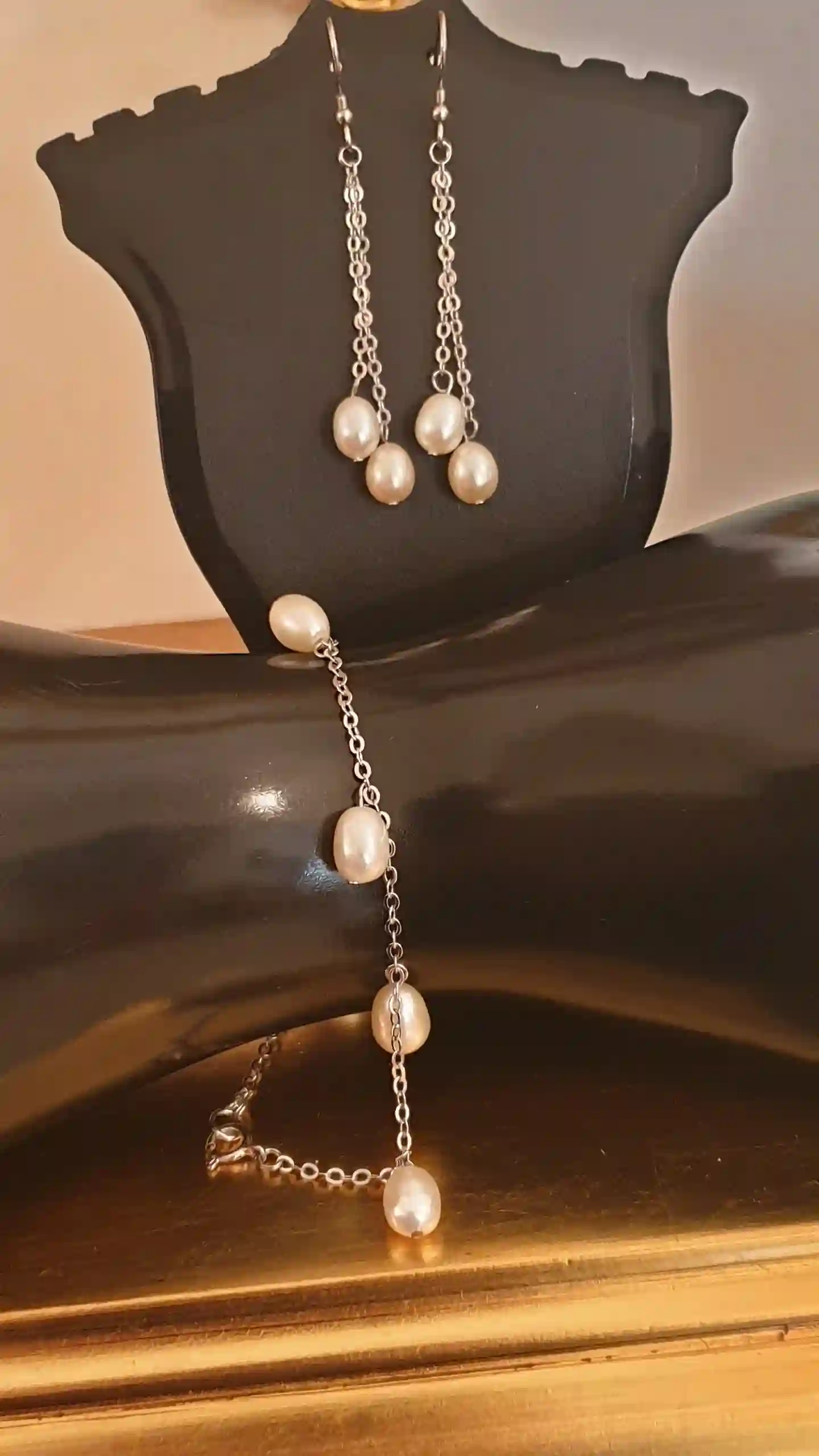 Pearl Set Solid Sterling silver 925 Yoshika Original Pearls White Gold Rhodium Plated HAND MADE SET Necklace Earrings & Bracelet 