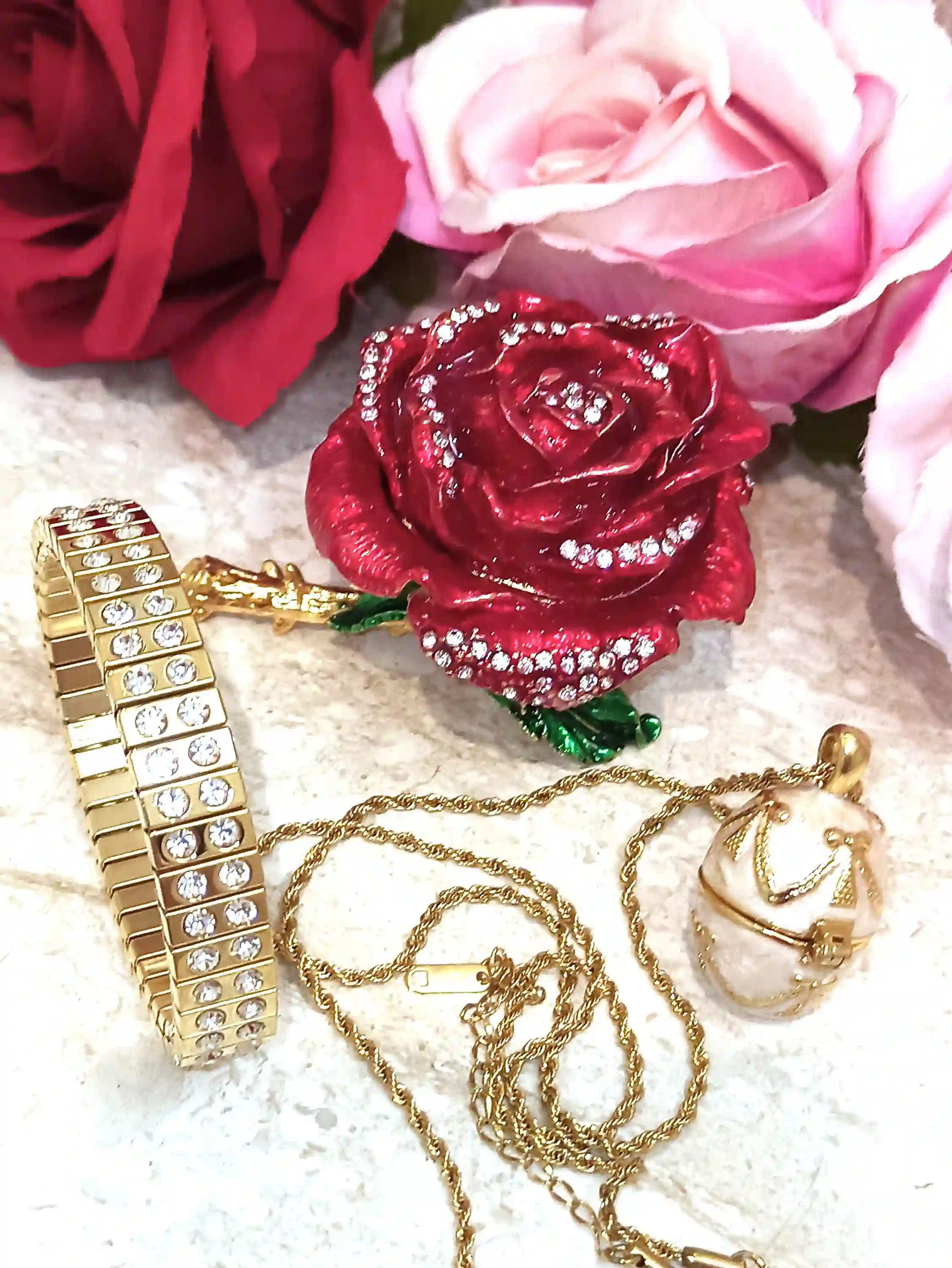 7ct - Luxury Valentines day - Faberge-Style egg - Red Rose Valentine Ring box + Faberge Necklace + Bracelet -Handmade Valentines day gift-24K GOLD 
