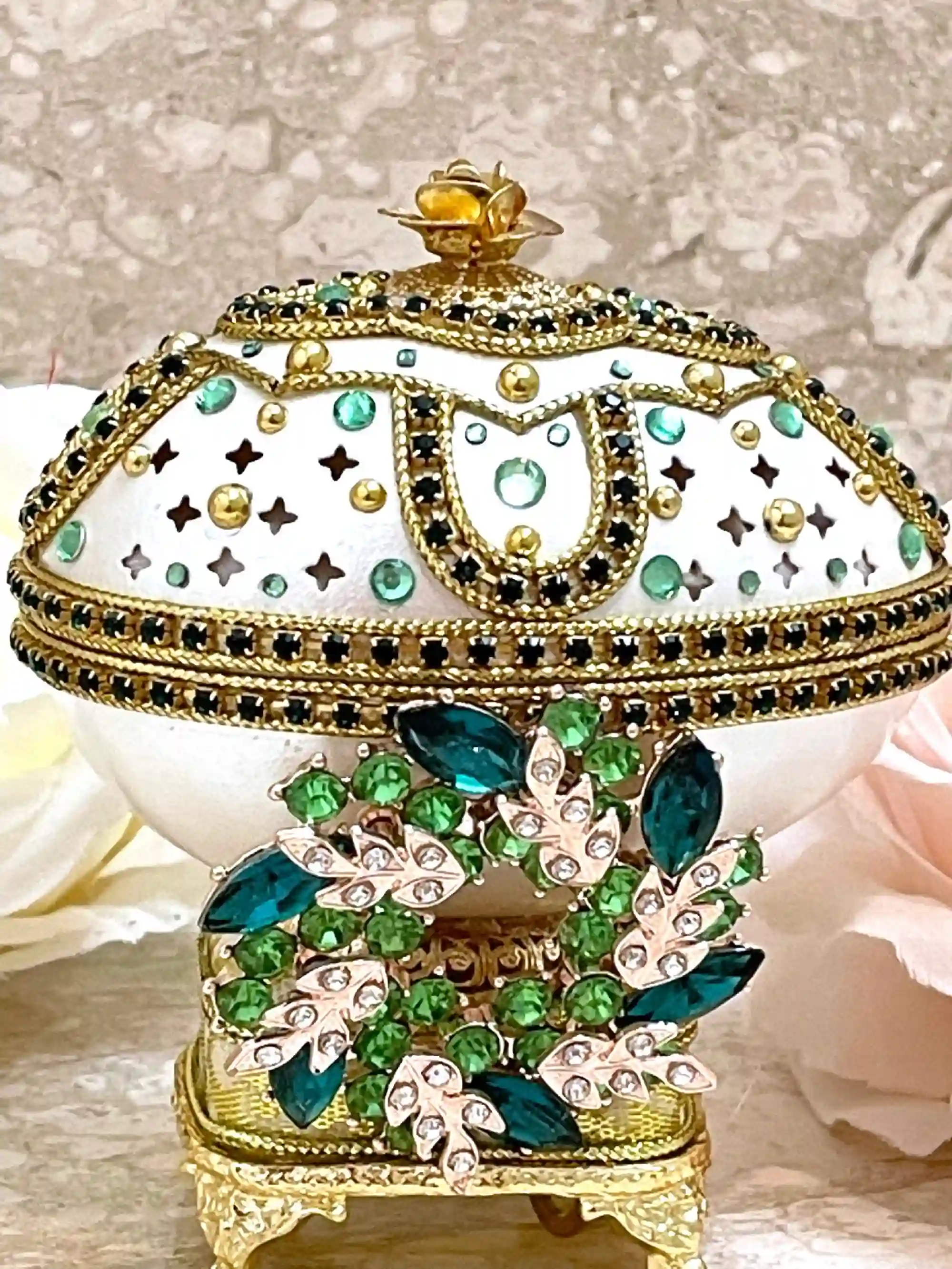 UNIQUE Faberge Egg Style 24k EMERALD Olive Wreath Engagement Ornament Proposal Ring box Gift for her Faberge egg Engagement Gift Fiance Wife 