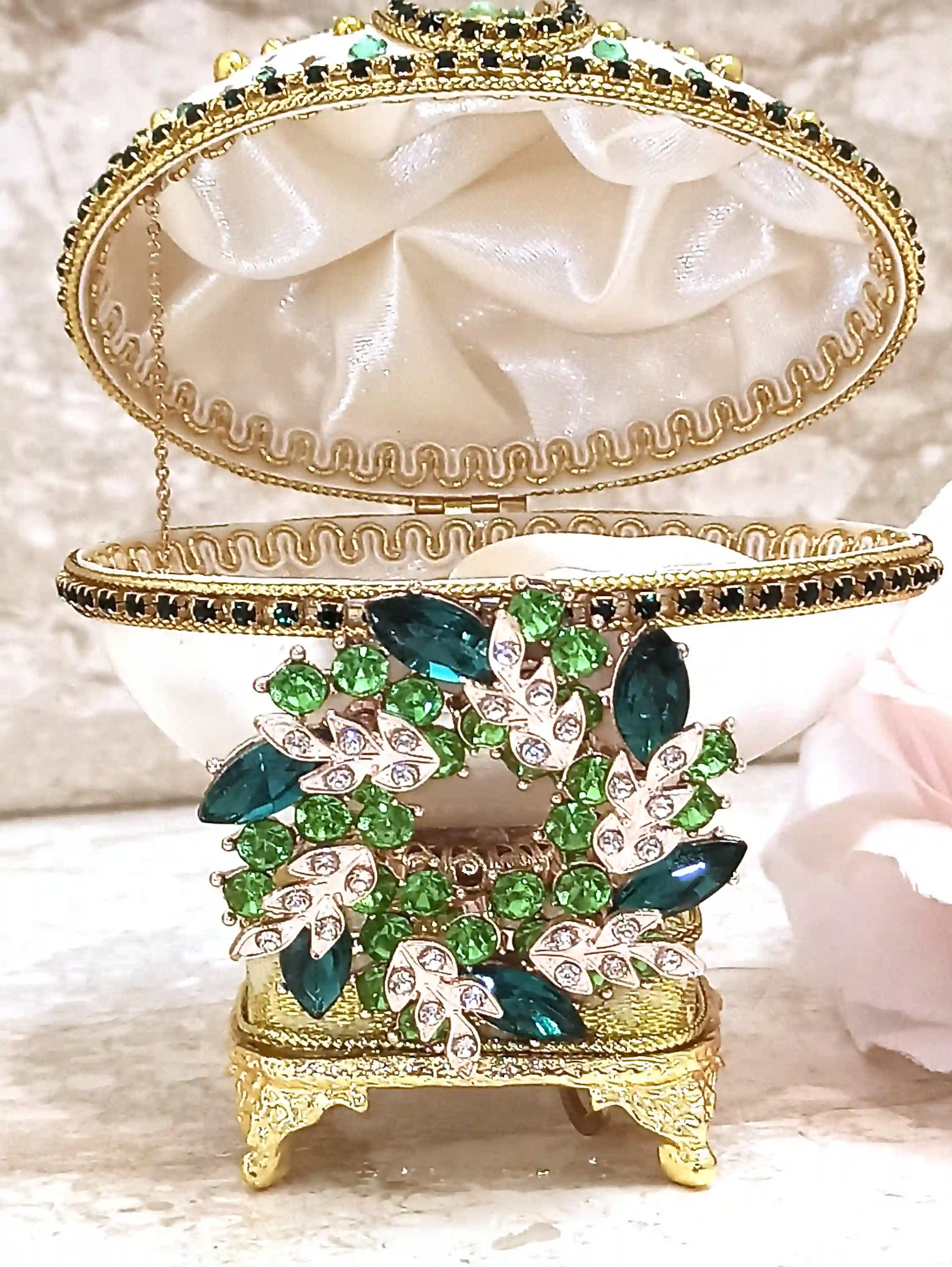 UNIQUE Faberge Egg Style 24k EMERALD Olive Wreath Engagement Ornament Proposal Ring box Gift for her Faberge egg Engagement Gift Fiance Wife 