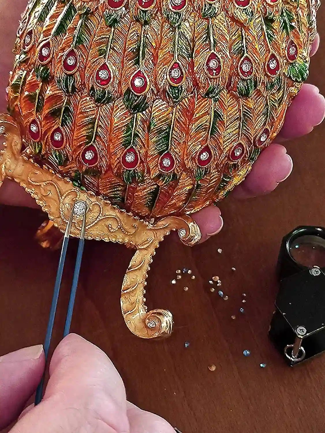 XL Peacock Faberge egg style, Peacock Jewelry Box, Peacock Keepsake box, Peacock Box, Peacock Lover Gift, Handmade, Peacock Gifts, HANDSET 