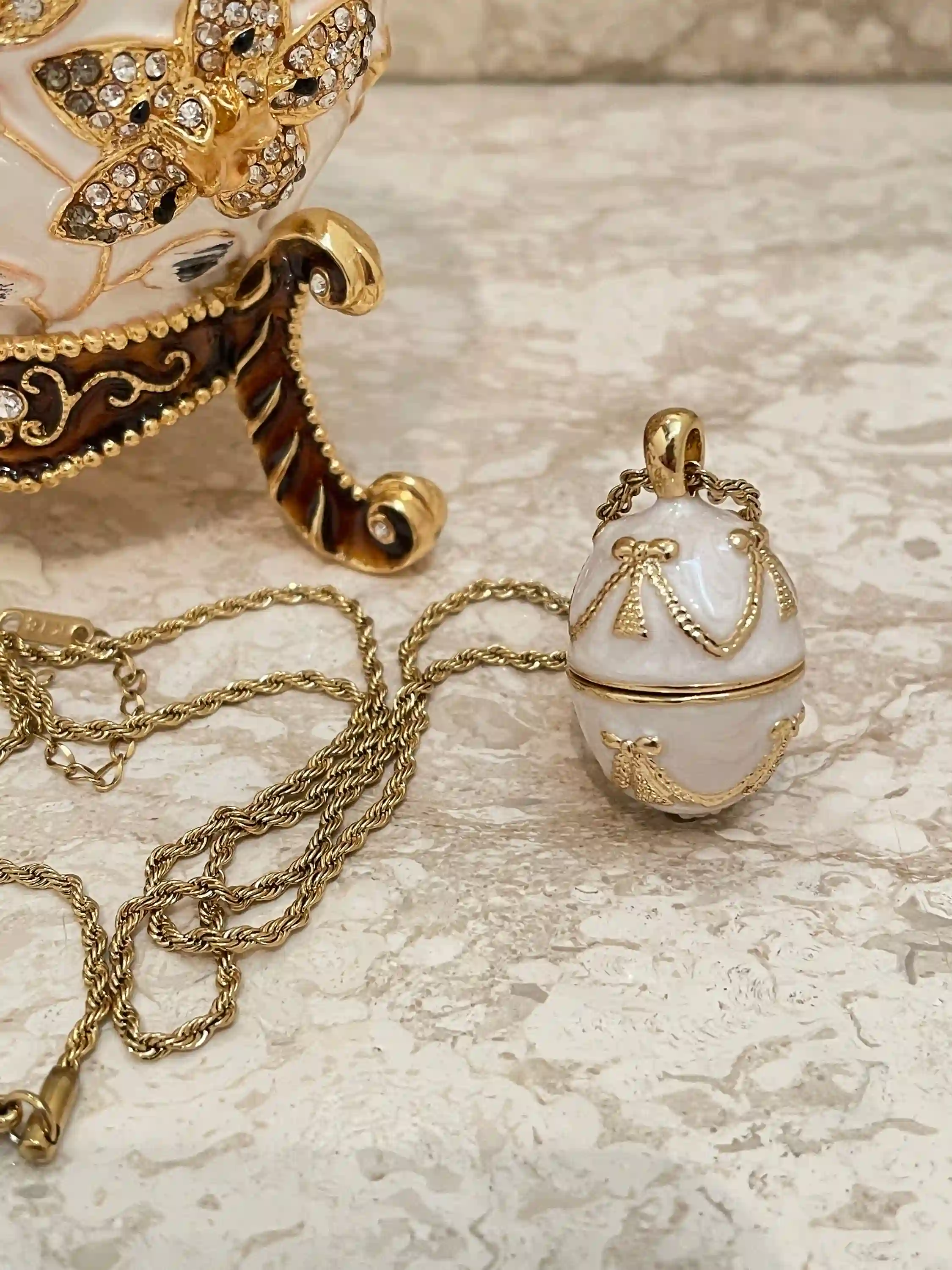 Designer White Faberge Egg style Necklace PLUS Engagement Gift Fabrege Eggs Handpainted Jewelry Box Wedding gift for parent 400 HANDSET Crys 