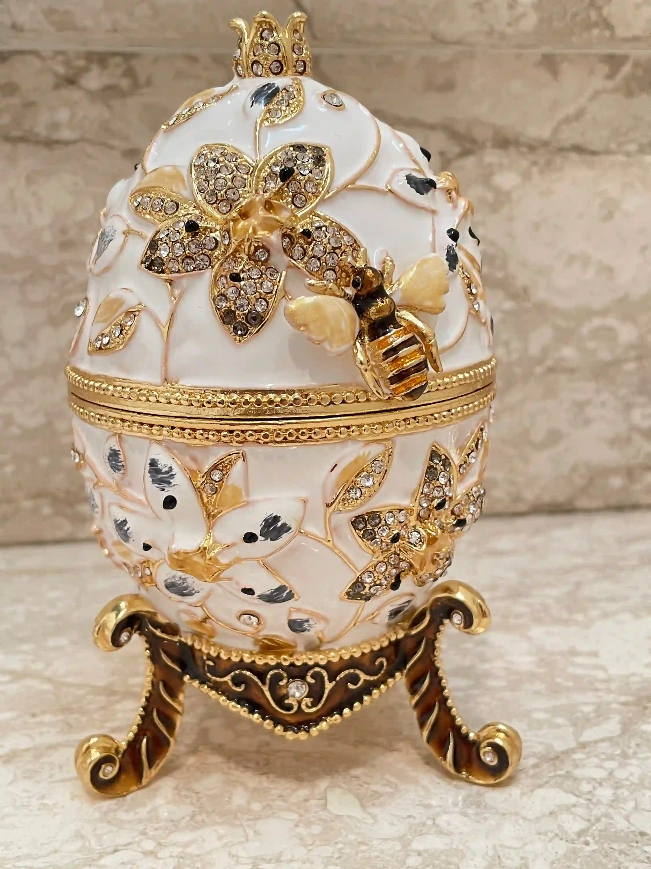 Faberge Egg White Pomegranate Jewelry Box Housewarming Gift Home Decor Faberge Egg Birthday Mom Gift Box for Christmas Swarovski HANDSET 24k 