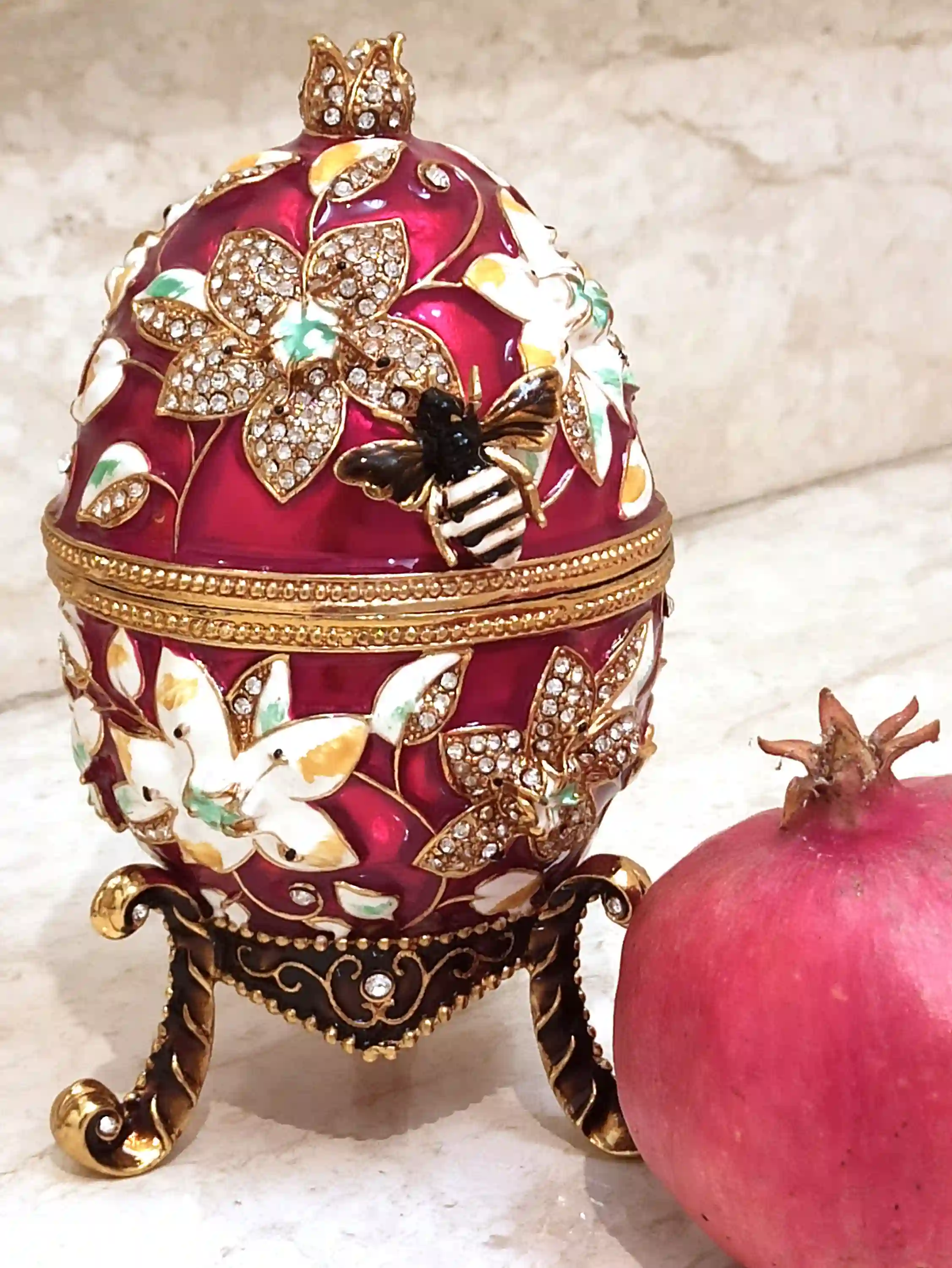 24k GOLD Faberge Collectors Egg Pomegranate Jewelry box Pomagranet GOOD Luck Gift 10ct Diamond HANDMADE Trinket Boxes House Warming Ornament 