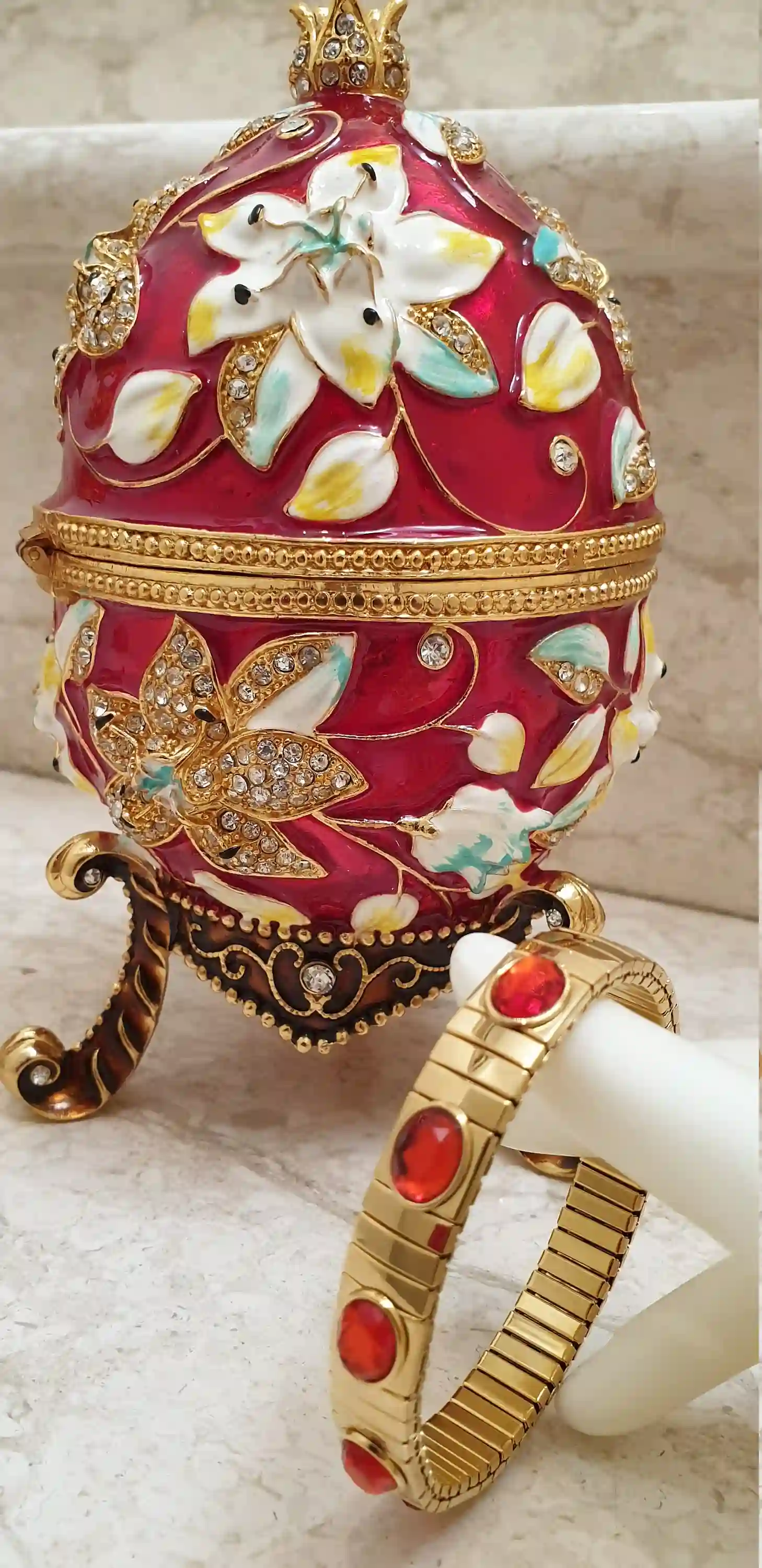 Red Large Easter Ornament Faberge Egg style LOVE Luck & Braclet Ruby Her Pomegranate HANDMADE Jewelry Box 24k GOLD 450 Swarovsk Diamond 10ct 