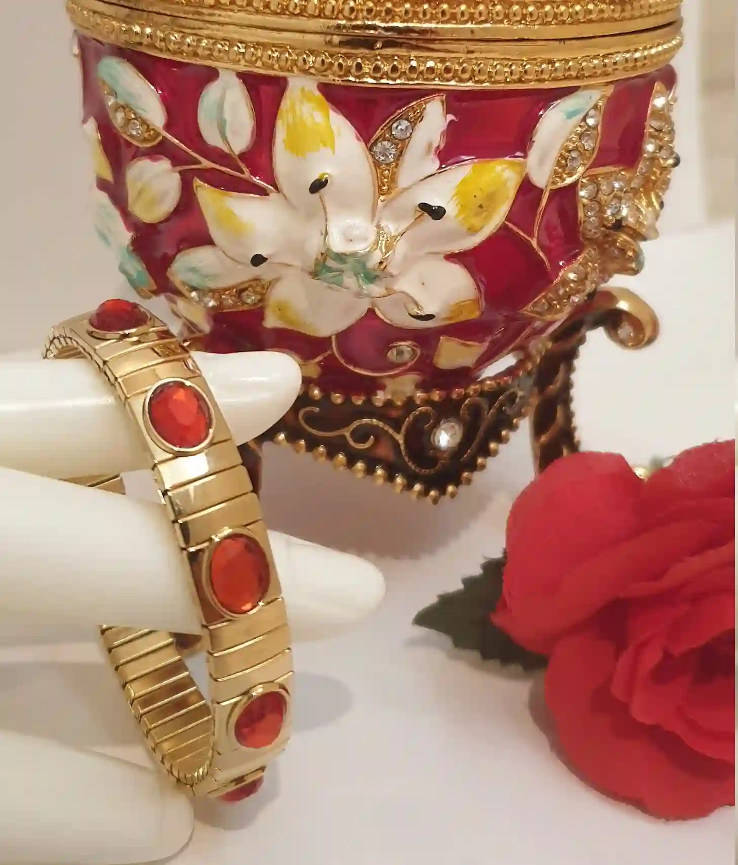 Red Large Easter Ornament Faberge Egg style LOVE Luck & Braclet Ruby Her Pomegranate HANDMADE Jewelry Box 24k GOLD 450 Swarovsk Diamond 10ct 