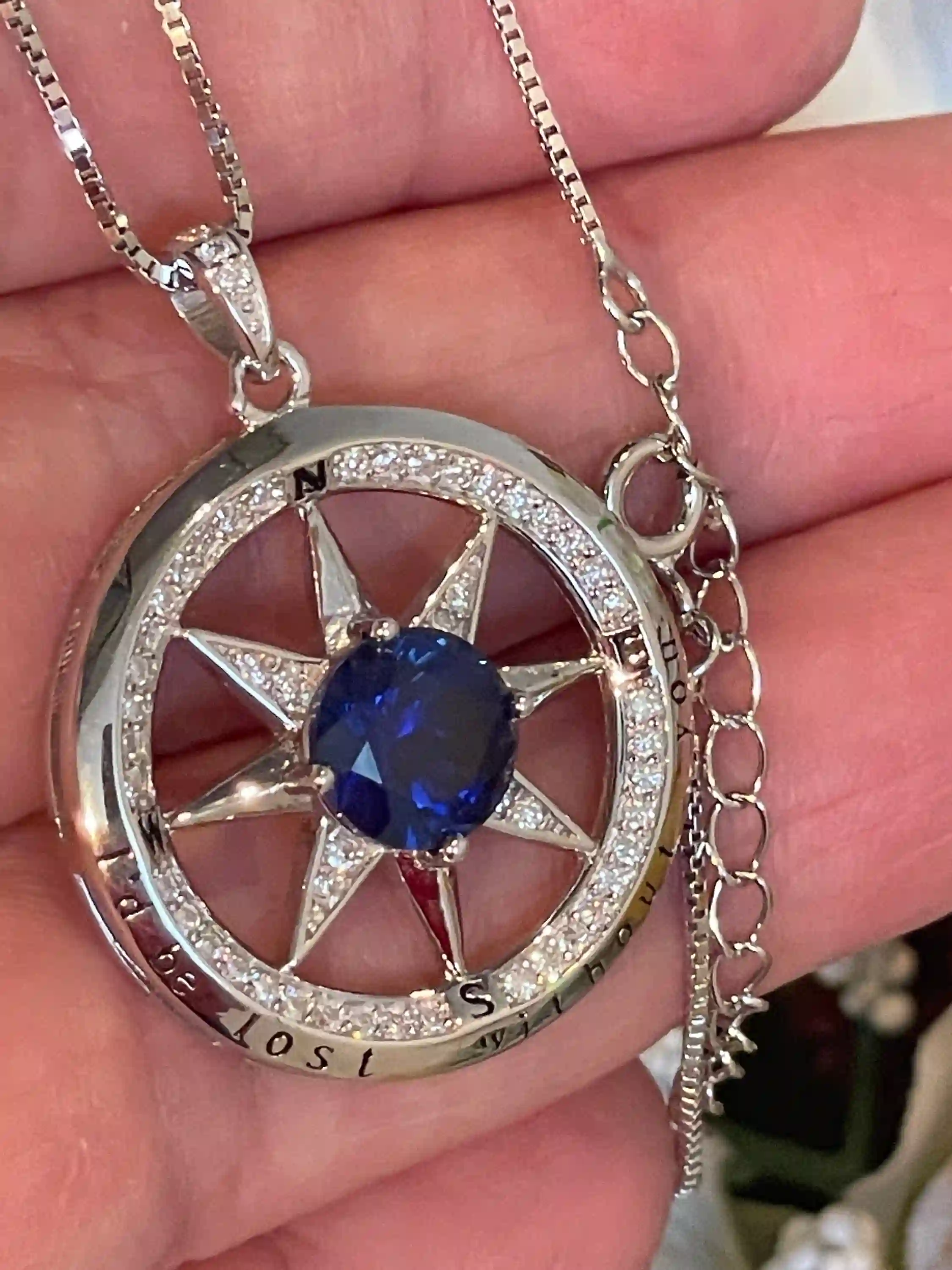 3.5 carat Natural SAPPHIRE Compass Necklace Sapphire Pendant DIAMOND Jewelry Compass Pendant White Gold Silver 925 Anniversary Handmade 