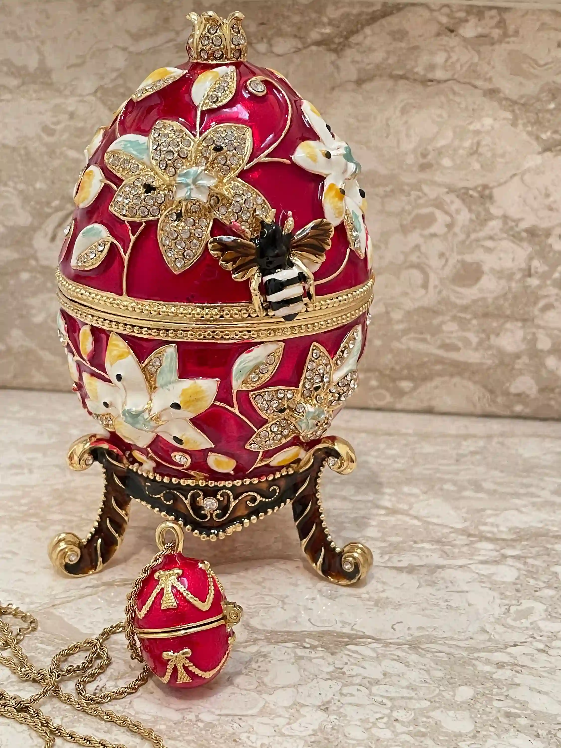 Faberge-Style, PLUS, Faberge-Style Egg PENDANT, Red Faberge Egg Christmas Gift, Faberge Style Egg, Valentines day Gift for her,Swarovski HANDSET-24KGOLD 