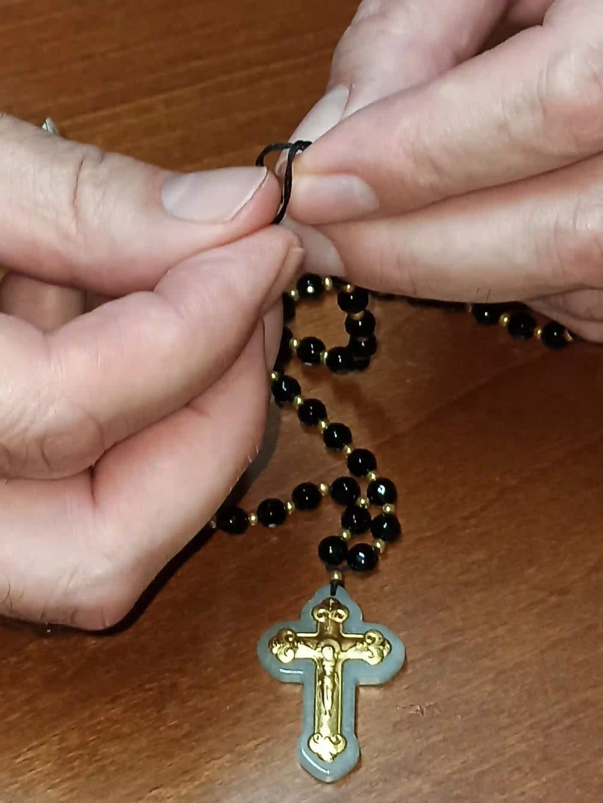 Crucifix Rosary Gemstone Prayer Necklace ONE Of A Kind Cross SOLID 18K Gold 56 NATURAL Onyx Gem 6mm Christian Mother Mom Religious Jewelry 