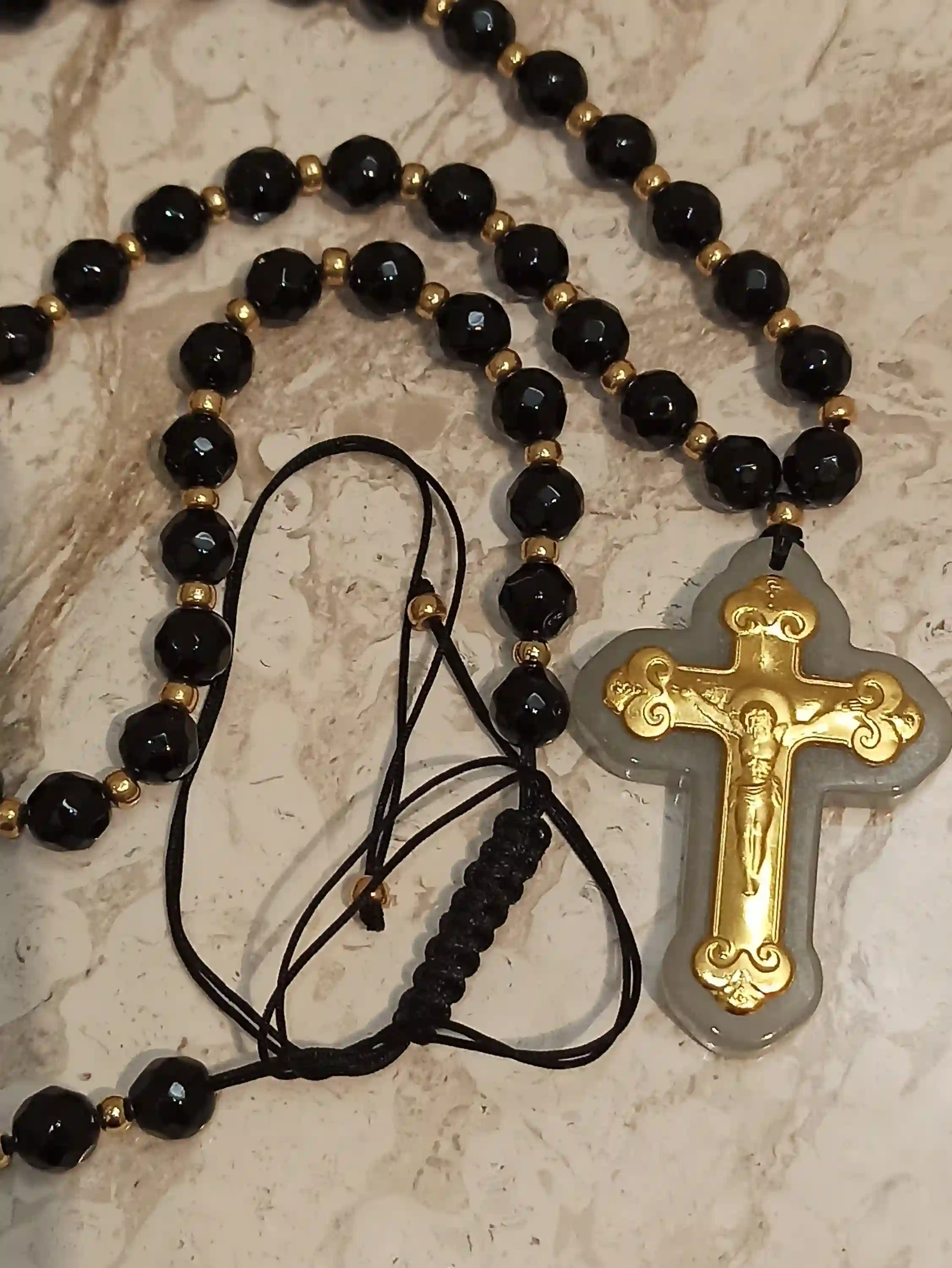 Crucifix Rosary Gemstone Prayer Necklace ONE Of A Kind Cross SOLID 18K Gold 56 NATURAL Onyx Gem 6mm Christian Mother Mom Religious Jewelry 