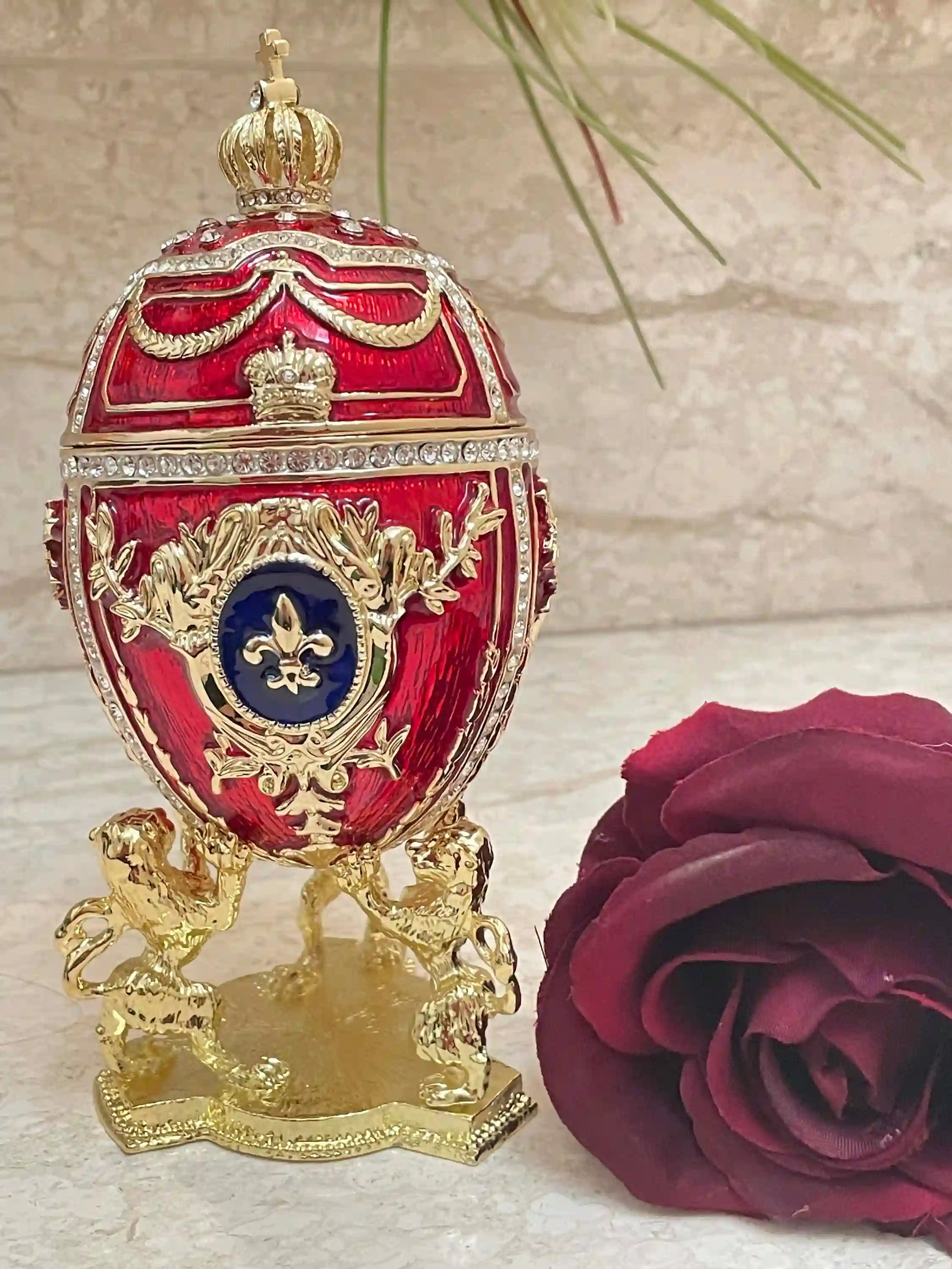 Deluxe 5* Faberge style egg Ornament Red Faberge egg style 24k Austrian Crystal HANDSET Faberge Mothers Day Valentines birthday gift for her 