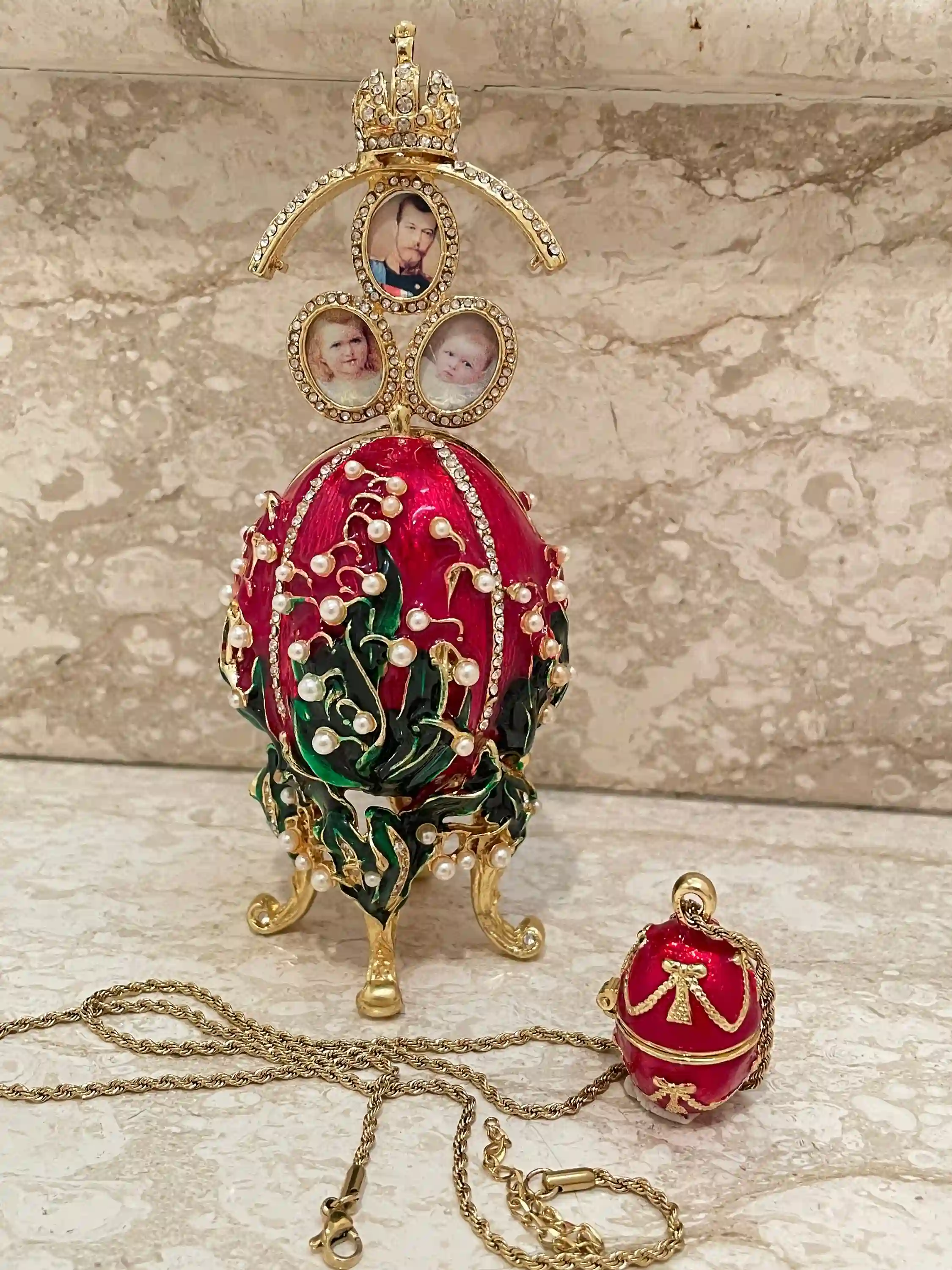 Handmade Red Faberge's Magnificent Lilies of the Valley Easter Egg Unique Photo frame Ornament Faberge Style Egg Austrian Crystal HANDSET 
