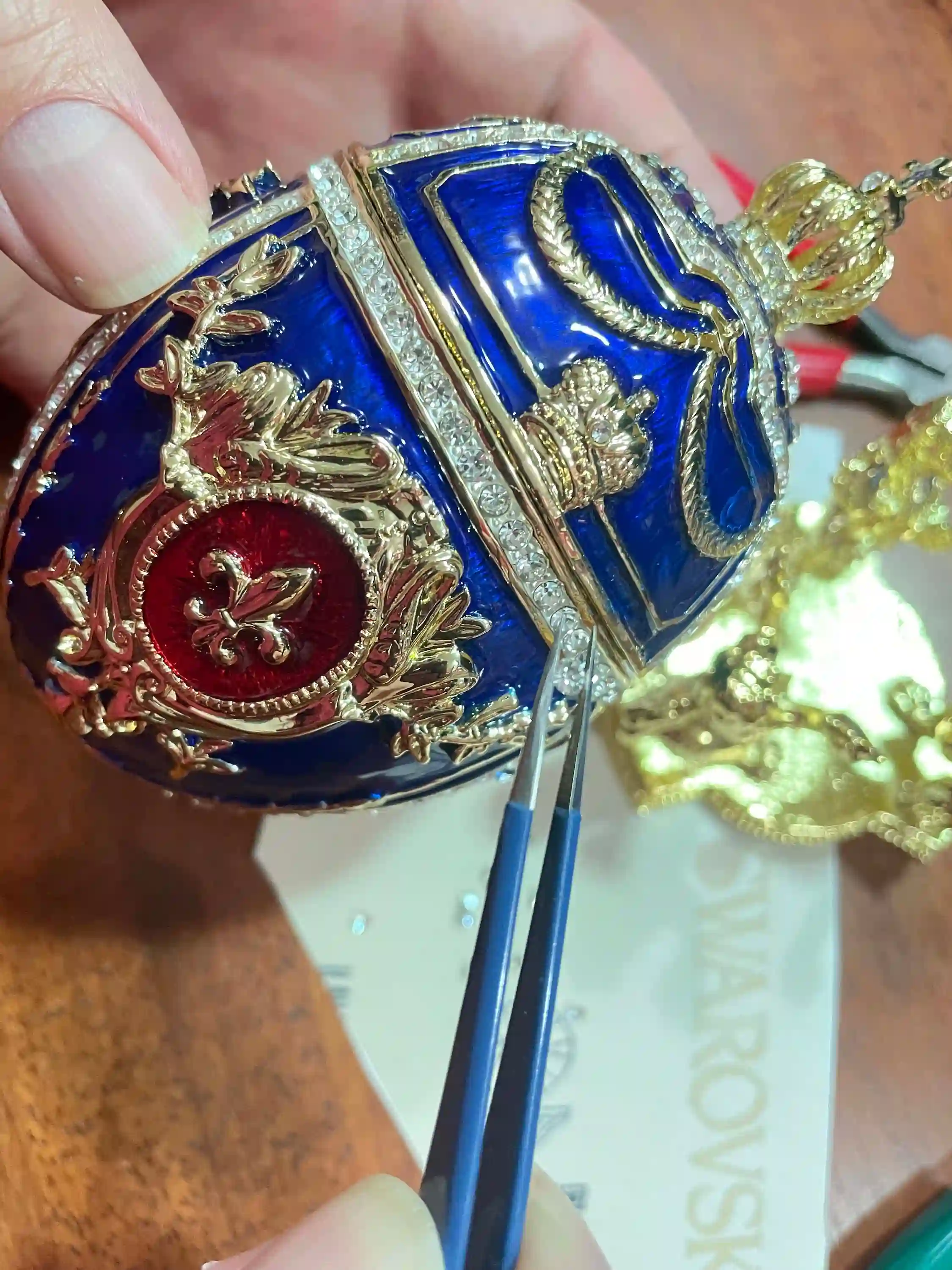 DESIGNER Blue Faberge egg Ornament, Faberge Egg Trinket Box, 24k GOLD Swarovski Diamond HANDSET, Faberge egg Style Graduation gift for Son 