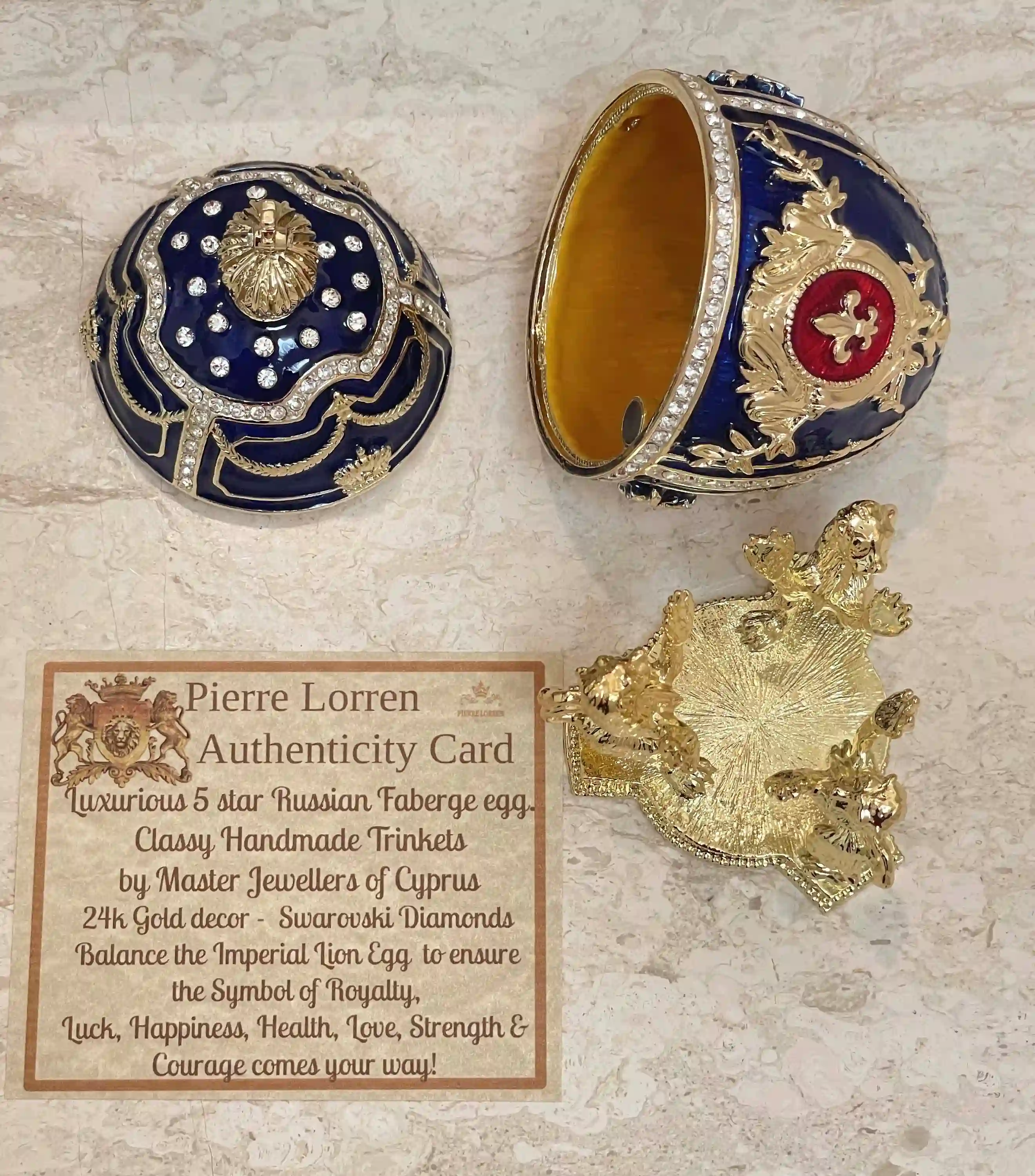 DESIGNER Blue Faberge egg Ornament, Faberge Egg Trinket Box, 24k GOLD Swarovski Diamond HANDSET, Faberge egg Style Graduation gift for Son 
